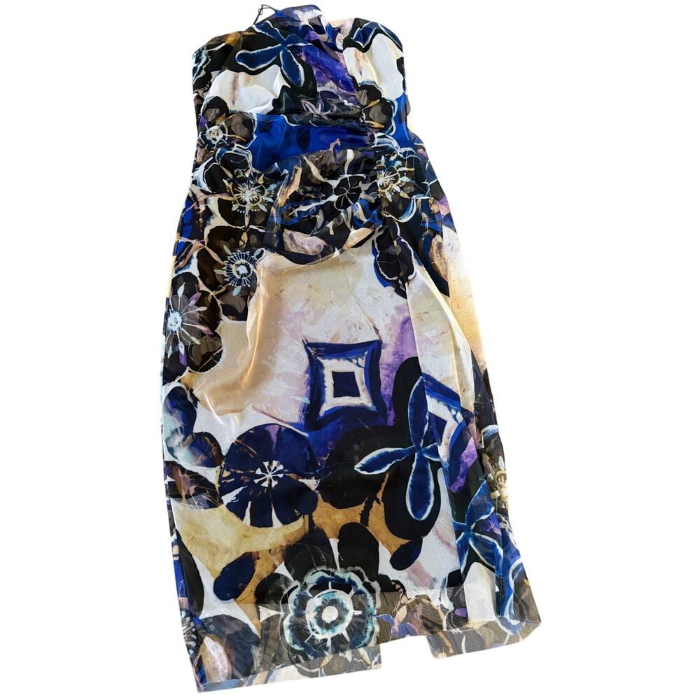 NWT Elana Kattan Midi Dress Size S Blue Strapless Flared Empire Mesh Print